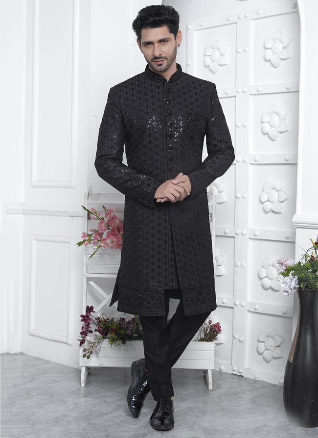 Art Silk Black Wedding Wear Embroidery Work Readymade Sherwani